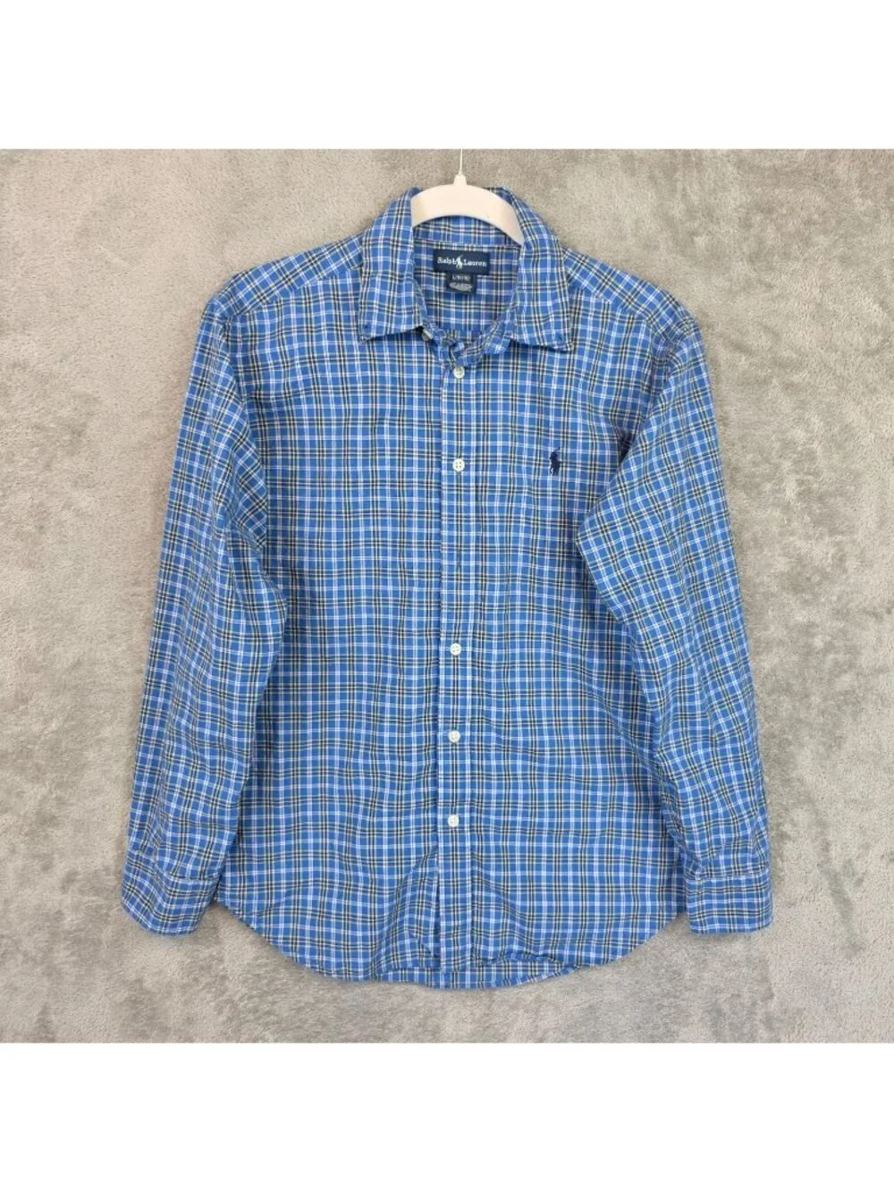 Ralph Lauren Shirt Boys Large 16/18 Blue Plaid Long Sleeve Button Up Casual